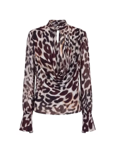 Bluză Nicholas cu imagine cu model leopard drapată maro
