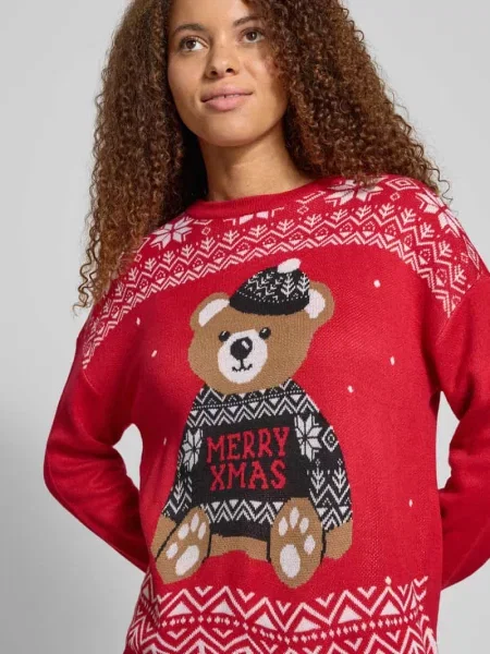 Sweter o kroju regular fit z dzianiny z motywem świątecznym model ‘TEDDY’ Only czerwony