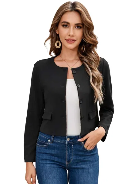 KoJooin Blejzr Damen-Langarmblazer kurz geschnitten kragenlos mit Knopfleiste Business-Casual-Oberbekleidung' černá