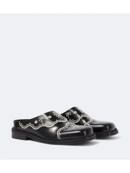 Papuci tip mules Simone Rocha cu broderie din piele cu model floral negru