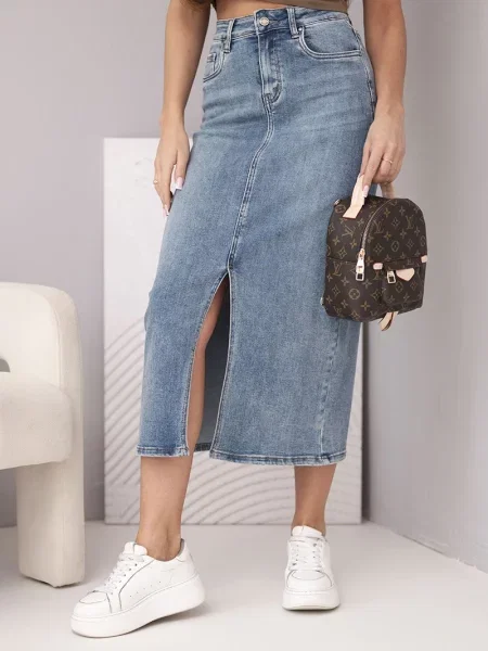 Fustă din denim Kesi Włoski până la genunchi cu crăpătură albastru