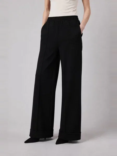 OWN Off With Nature Hlače Pantalone Palazzo con Risvolto in Interlock Black' crna