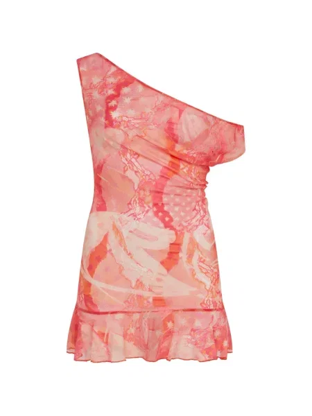 Rochie mini Donde Esteban din dantelă cu un umăr gol de costum roz