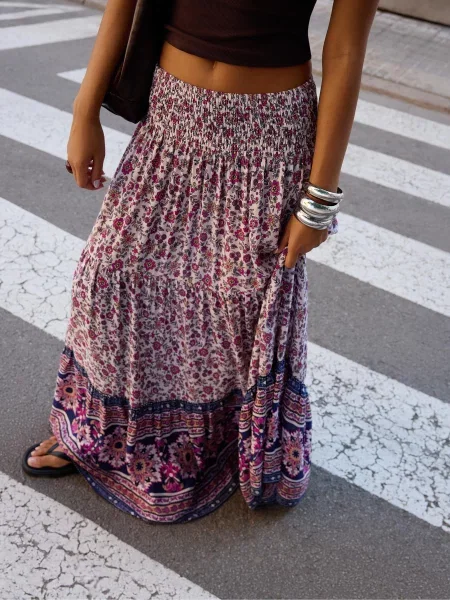 Bershka Spódnica Maxi W Stylu Boho Z Nadrukiem Kobieta L granatowy