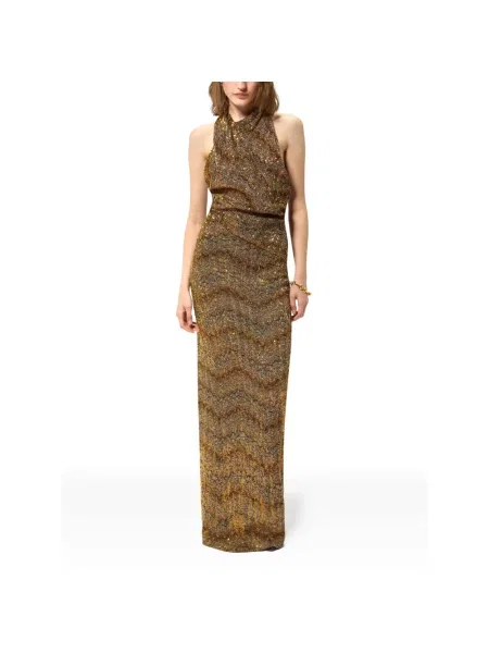 Długa sukienka maxi Missoni z cekinami z dekoltem halter żółta
