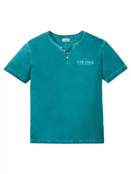T-shirt z dekoltem henley z krótkim rękawem z efektem sprania z czystej bawełny organicznej niebieska