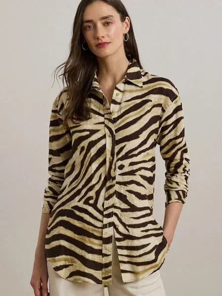 Ленена риза Lauren Ralph Lauren дамска със стандартна кройка с класическа яка бяло