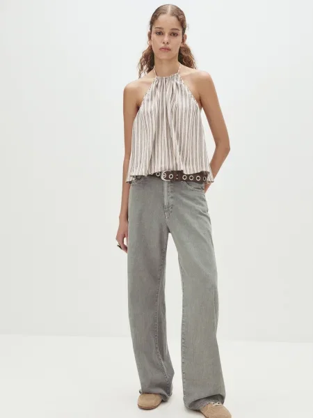 Pull&Bear Top ecru / temno siva