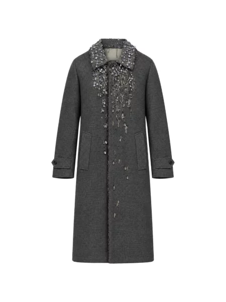 Palton Prada cu broderie în carouri din țesătură twill gri