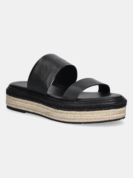 Calvin Klein klapki skórzane FLATFORM WEDGE SLIDE HE na platformie czarny