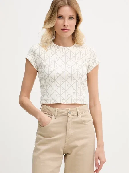 Calvin Klein Jeans crop top ženski od pamuka s elastanom bež