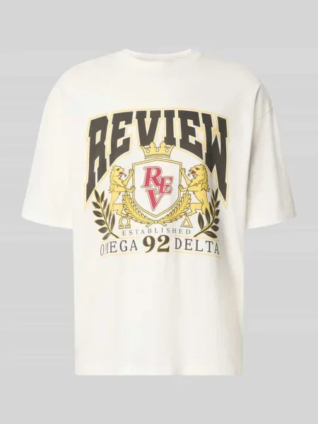 T-shirt z nadrukiem z logo i okrągłym dekoltem Review biała