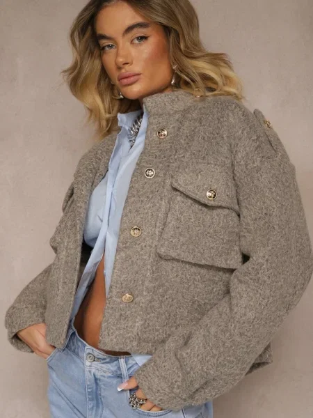 Kurtka Utility z z Klapami i Bufiastymi Rękawami Niraleen brązowa