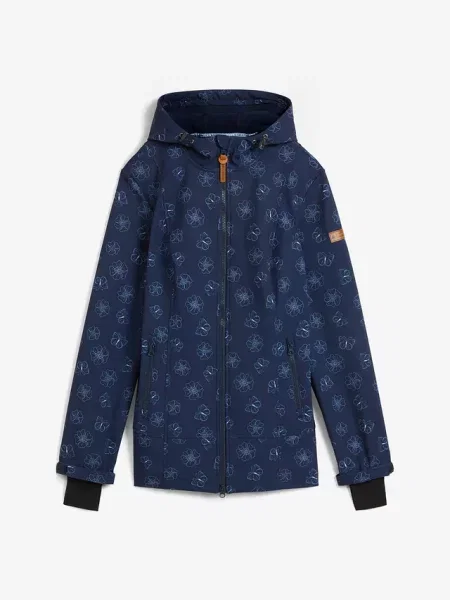 Kurtka softshell w kwiaty z materiału odpychającego wodę niebieska