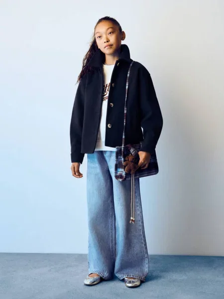 Dżinsy wide leg z elastycznym pasem średni Dzieci 12 MANGO KIDS niebieski