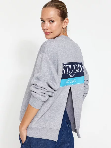 Hanorac din fleece Trendyol din fleece cu imagine melange gri