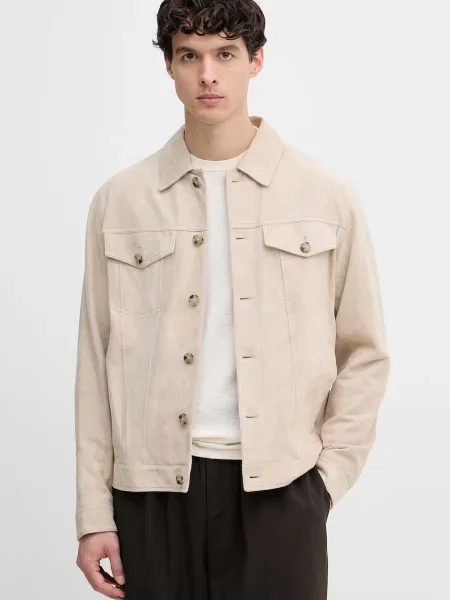 BOSS geacă tip cămașă pentru bărbați din piele întoarsă bej