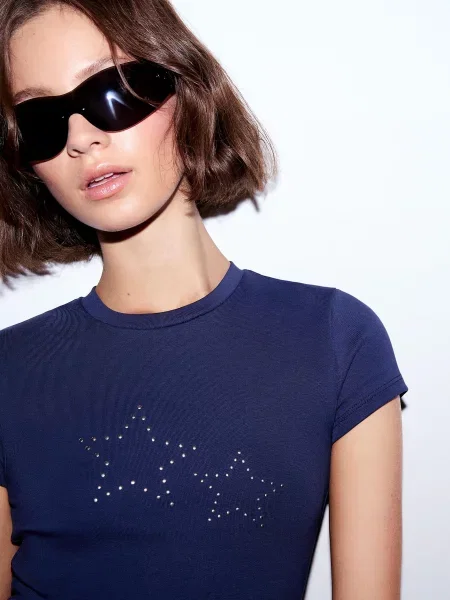 Bershka Koszulka Z Krótkim Rękawem I Ćwiekami Kobieta Xs niebieski