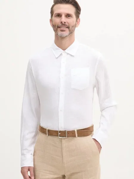 Ленена риза Guess NAPA със стандартна кройка с класическа яка бяло