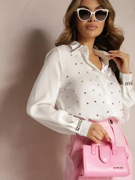 Elegancka Koszula z Długim Rękawem z Błyszczącymi Ćwiekami i Cyrkoniami Ednasia biała