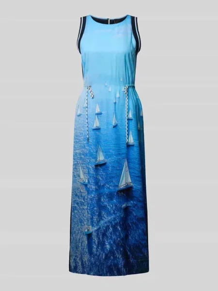 Długa sukienka z czystego lyocellu z foto printem na całej powierzchni Marc Cain niebieska