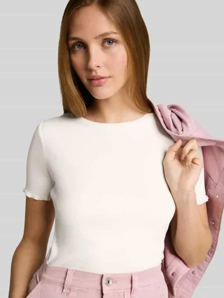 T-shirt o kroju slim fit z mieszanka bawełny z prążkowana dzianina Tom Tailor Denim biała