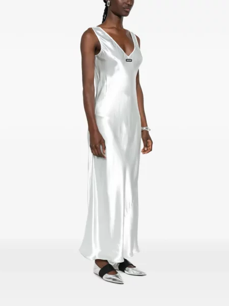 Rochie maxi Miu Miu din satin cu autograf albastru