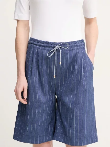 Šortky s příměsí lnu La Petite Française SOLANGE tmavomodrá high waist SOLANGE