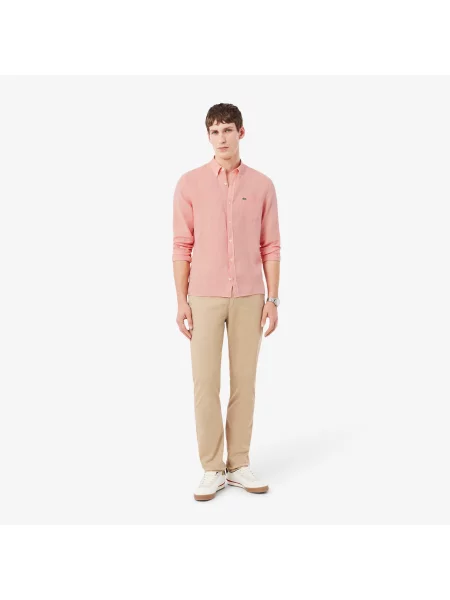 Lacoste Lniana Koszula Button-Down Regular Fit różowa