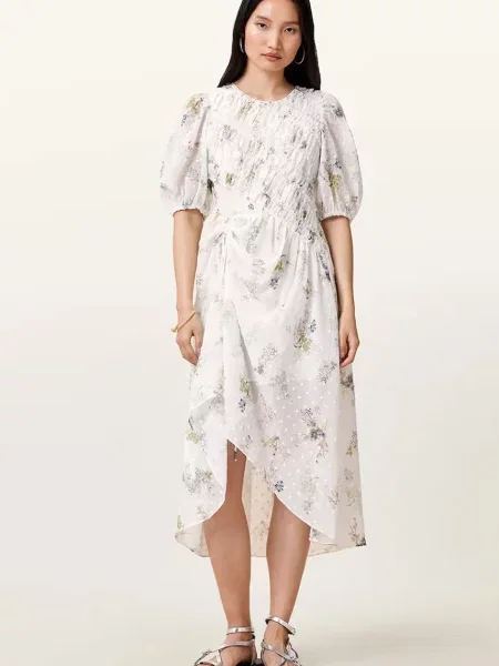 Рокля AllSaints SERENE среднодълга разкроена бяло