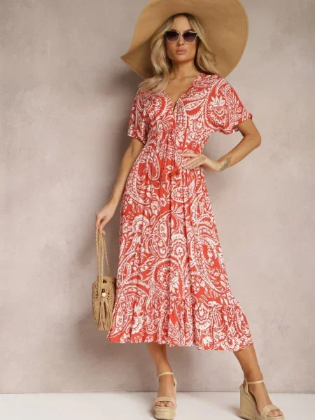 Rochie Vara Roșu-Bej cu în Talie și Ciucure Decorative Aleriana bej