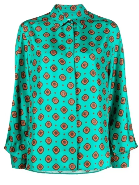 Cămașă Alberto Biani de mătase cu imagine cu imprimeu geometric verde