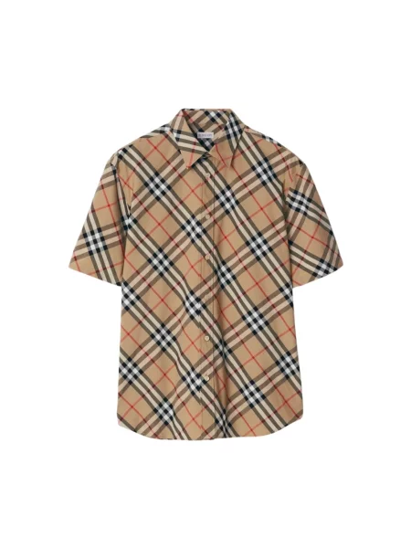 Koszula z krótkim rękawem Burberry w kratę popelinowa retro beżowa