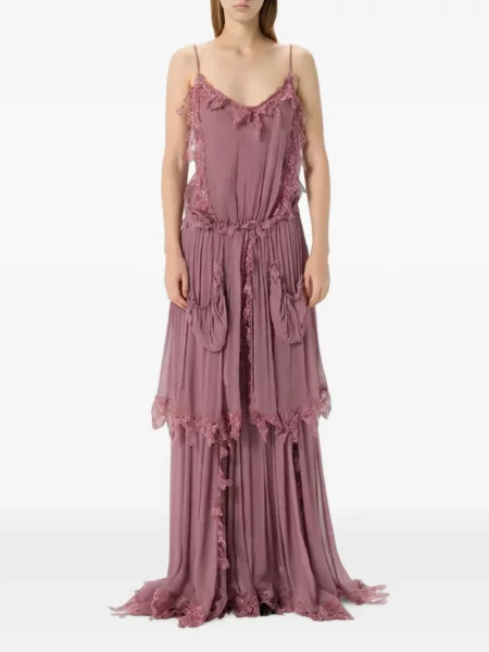 Rochie maxi Blumarine cu decolteu în V din dantelă roz