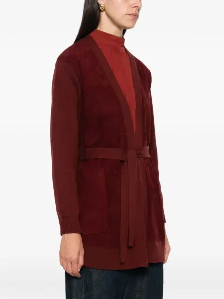 Cu centură cardigan Max Mara din piele de căprioară roșu