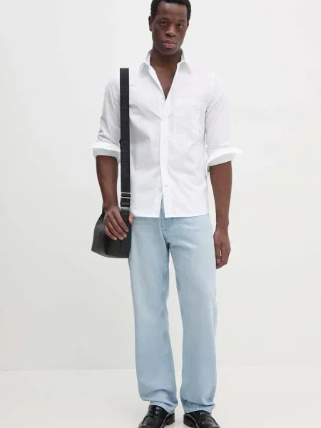 Cămașă din denim Calvin Klein cu mâneci lungi din țesătură twill alb