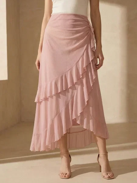Асиметрична міді-спідниця з воланами рожевий