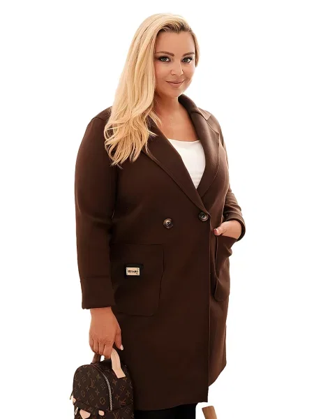 Kesi Włoski Dámsky elegantný kabát Plus Size s golierom a veľkými hnedý