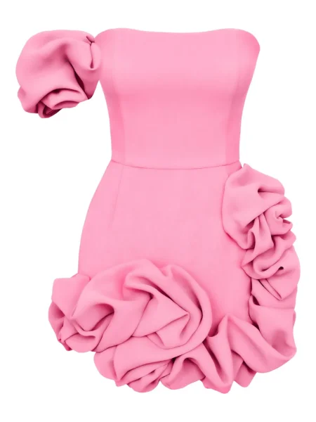 Sukienka mini Post Meridiem z falbankami na jednym ramieniu garniturowa różowa