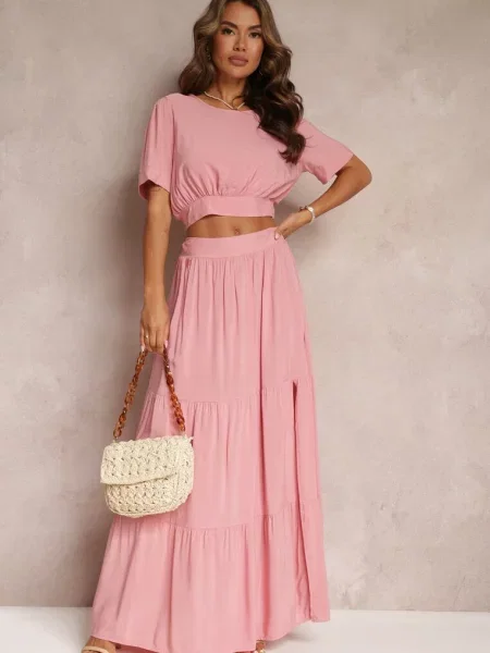 Komplet z Top i Spódnica z Falbankami Jakki różowy