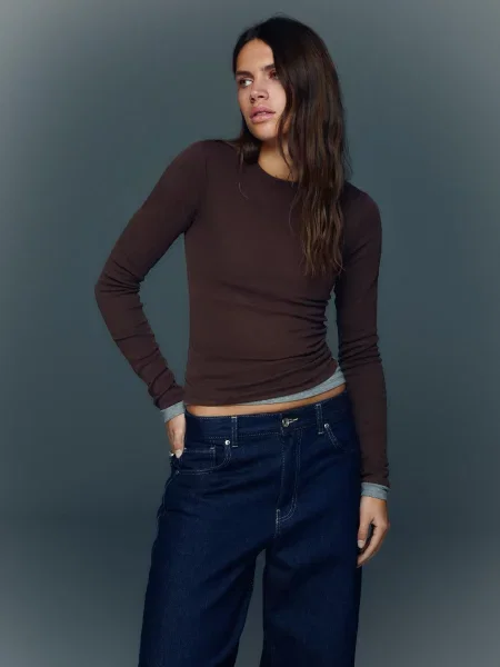Bershka Koszulka Z Długim Rękawem Kobieta L brązowy