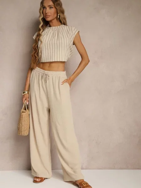 Spodnie High Waist ze Sznurkiem w Talii i Prostą Nogawką Raveann beżowe