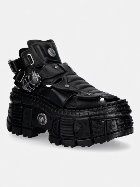 New Rock ITALI NEGRO TANK CASCO NEGRO PIN LATERA sandale de damă din piele