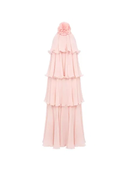 Rochie maxi Divedivine cu model floral cu volane roz