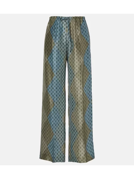 Pantaloni Dries Van Noten din satin cu imagine albastru