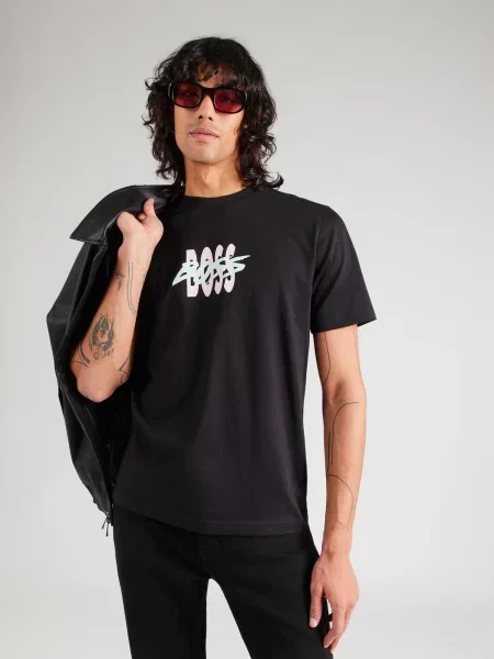 BOSS Tricou verde mentă / roz pastel negru
