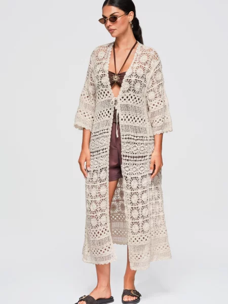 Dlouhý openwork cardigan béžový