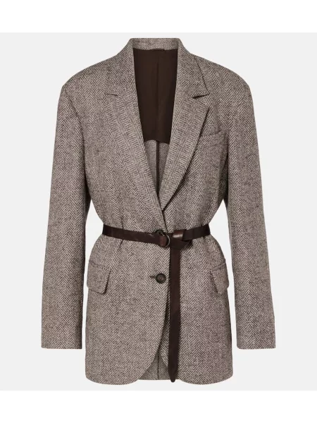 Marynarka Brunello Cucinelli wełniana w jodełkę brązowa