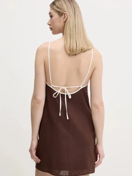 Lněné šaty Abercrombie & Fitch mini hnědá