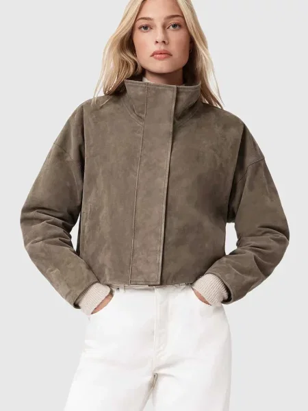 AllSaints geacă din piele întoarsă de tranziție bej